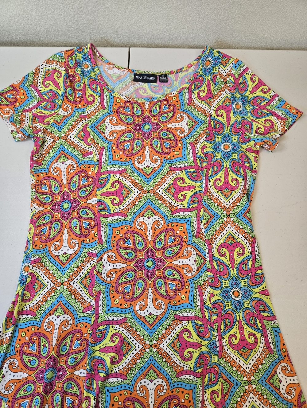 Nina Leonard Medallion Print Maxi Dress Size Medium Orange Lime Blue Pink
